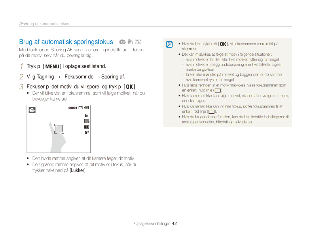Samsung EC-ES80ZZBPSE2, EC-ES80ZZBPPE2, EC-ES80ZZBPBE2 manual Brug af automatisk sporingsfokus, Ændring af kameraets fokus 