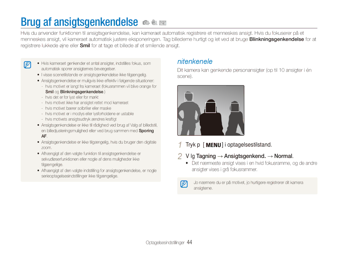 Samsung EC-ES80ZZBPPE2 manual Brug af ansigtsgenkendelse, Ansigtsgenkendelse, Vælg Tagning → Ansigtsgenkend. → Normal 