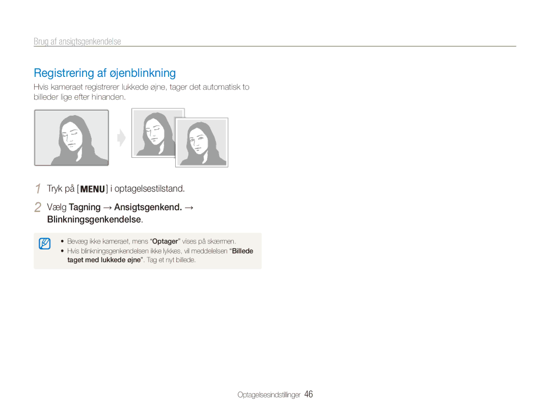 Samsung EC-ES80ZZBPBE2 manual Registrering af øjenblinkning, Blinkningsgenkendelse, Vælg Tagning → Ansigtsgenkend. → 
