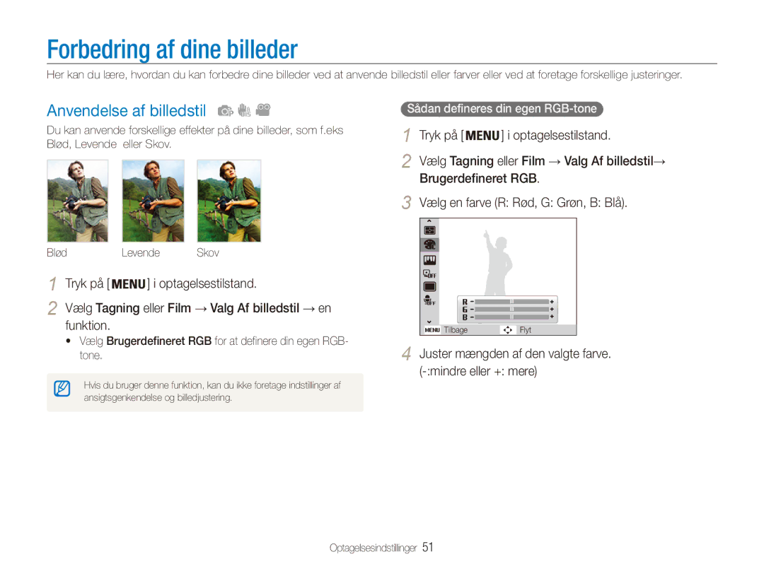 Samsung EC-ES80ZZBPSE2, EC-ES80ZZBPPE2, EC-ES80ZZBPBE2 manual Forbedring af dine billeder, Anvendelse af billedstil 