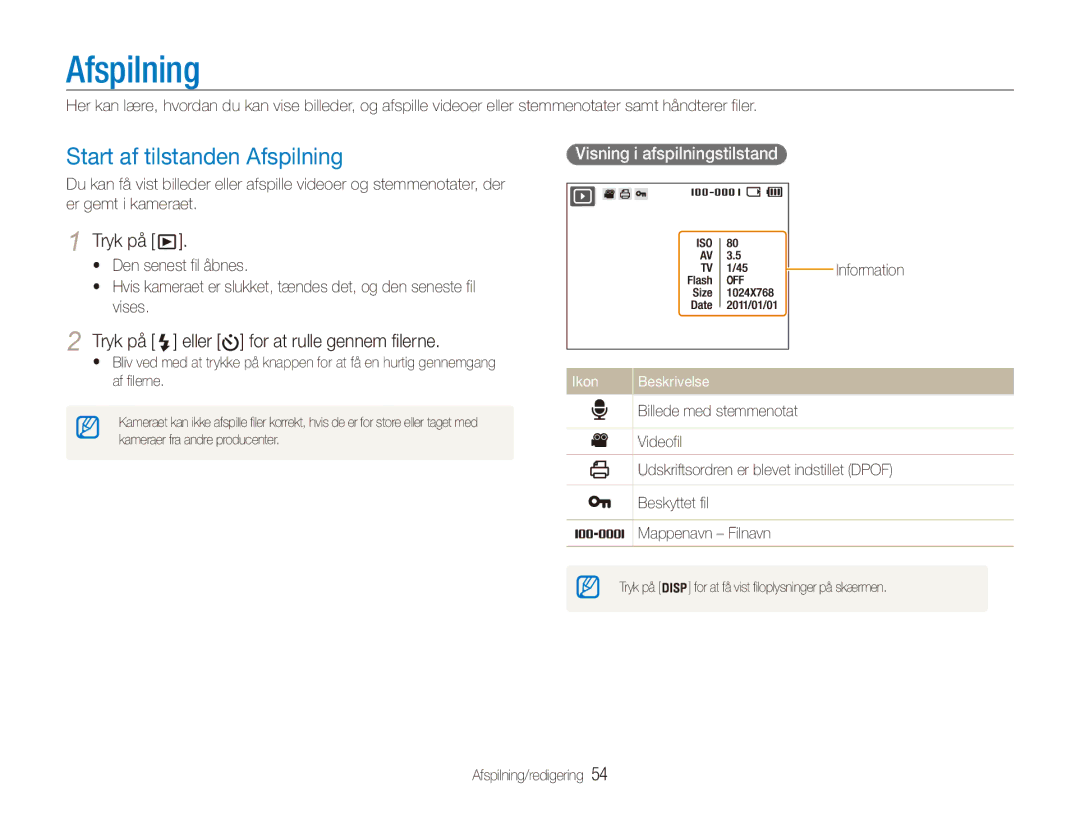 Samsung EC-ES80ZZBPSE2, EC-ES80ZZBPPE2 manual Start af tilstanden Afspilning, Tryk på eller for at rulle gennem filerne 