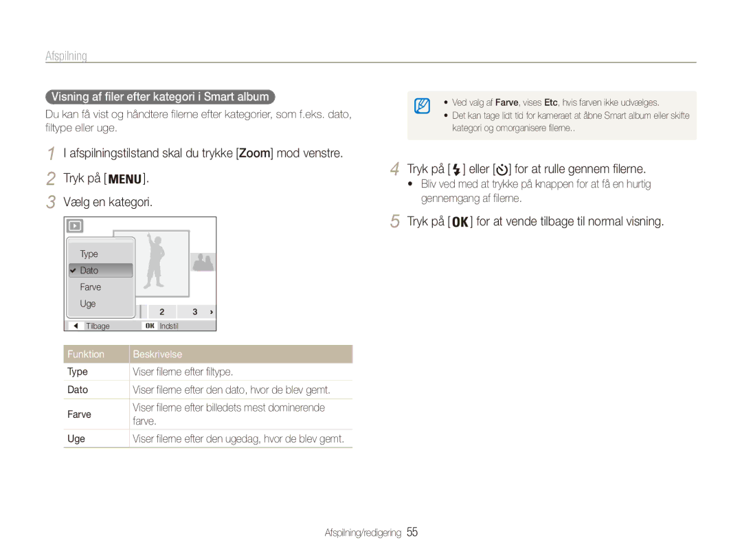 Samsung EC-ES80ZZBPBE2 Afspilning, Visning af filer efter kategori i Smart album, Type Viser filerne efter filtype Dato 