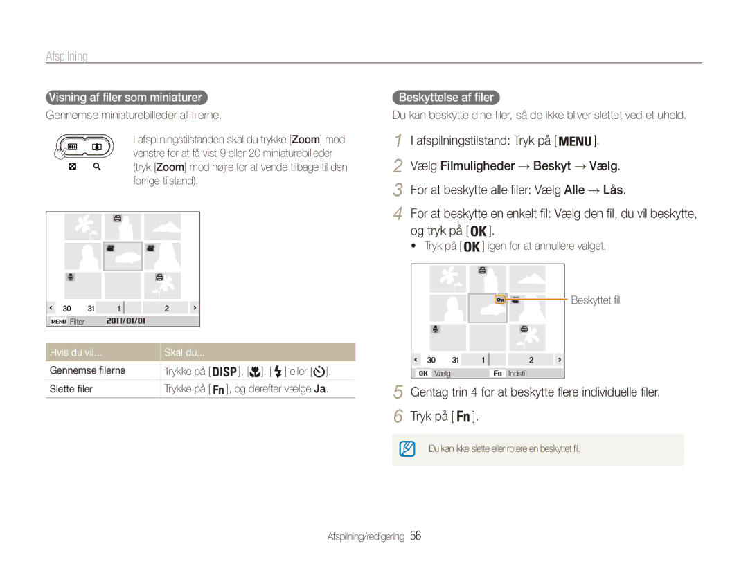 Samsung EC-ES80ZZBPPE2, EC-ES80ZZBPSE2 manual Vælg Filmuligheder → Beskyt → Vælg, For at beskytte alle filer Vælg Alle → Lås 