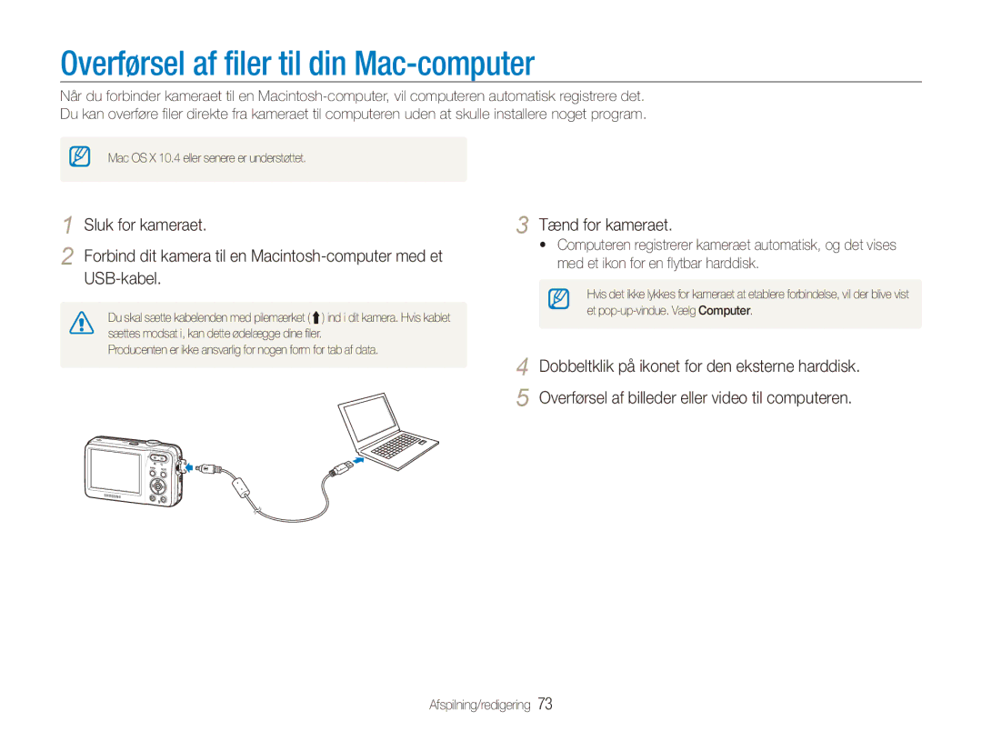 Samsung EC-ES80ZZBPBE2, EC-ES80ZZBPPE2, EC-ES80ZZBPSE2 manual Overførsel af filer til din Mac-computer, USB-kabel 