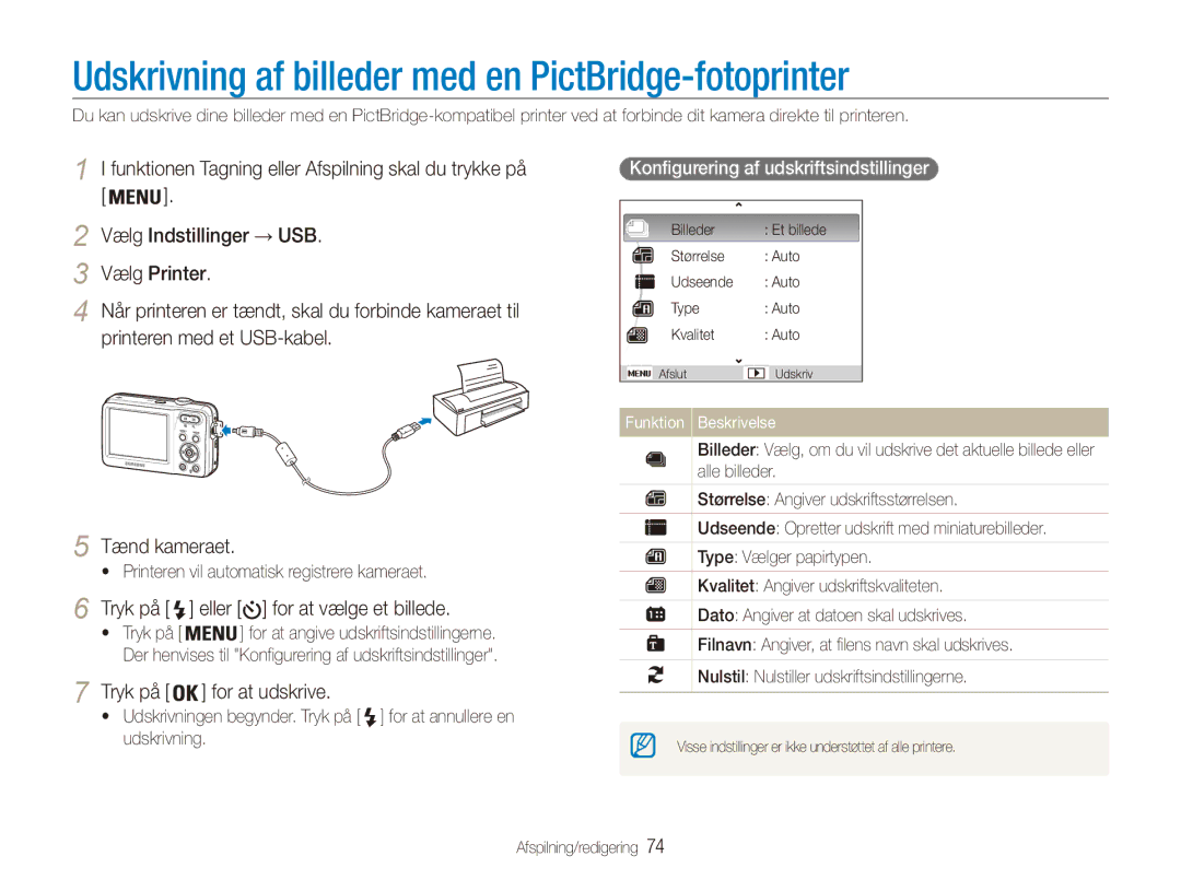 Samsung EC-ES80ZZBPPE2 manual Udskrivning af billeder med en PictBridge-fotoprinter, Tryk på Eller for at vælge et billede 