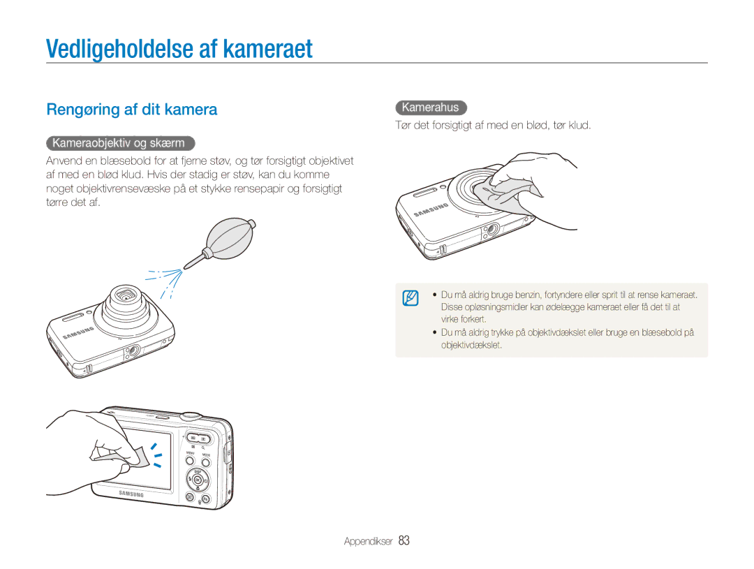 Samsung EC-ES80ZZBPPE2 manual Vedligeholdelse af kameraet, Rengøring af dit kamera, Kameraobjektiv og skærm, Kamerahus 