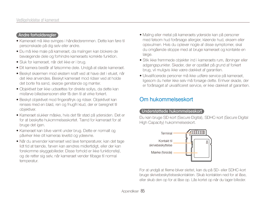 Samsung EC-ES80ZZBPBE2, EC-ES80ZZBPPE2 manual Om hukommelseskort, Andre forholdsregler, Understøttede hukommelseskort 