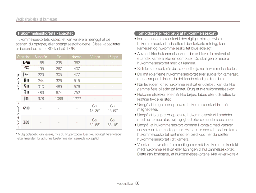 Samsung EC-ES80ZZBPPE2, EC-ES80ZZBPSE2 manual Hukommelseskortets kapacitet, Forholdsregler ved brug af hukommelseskort 