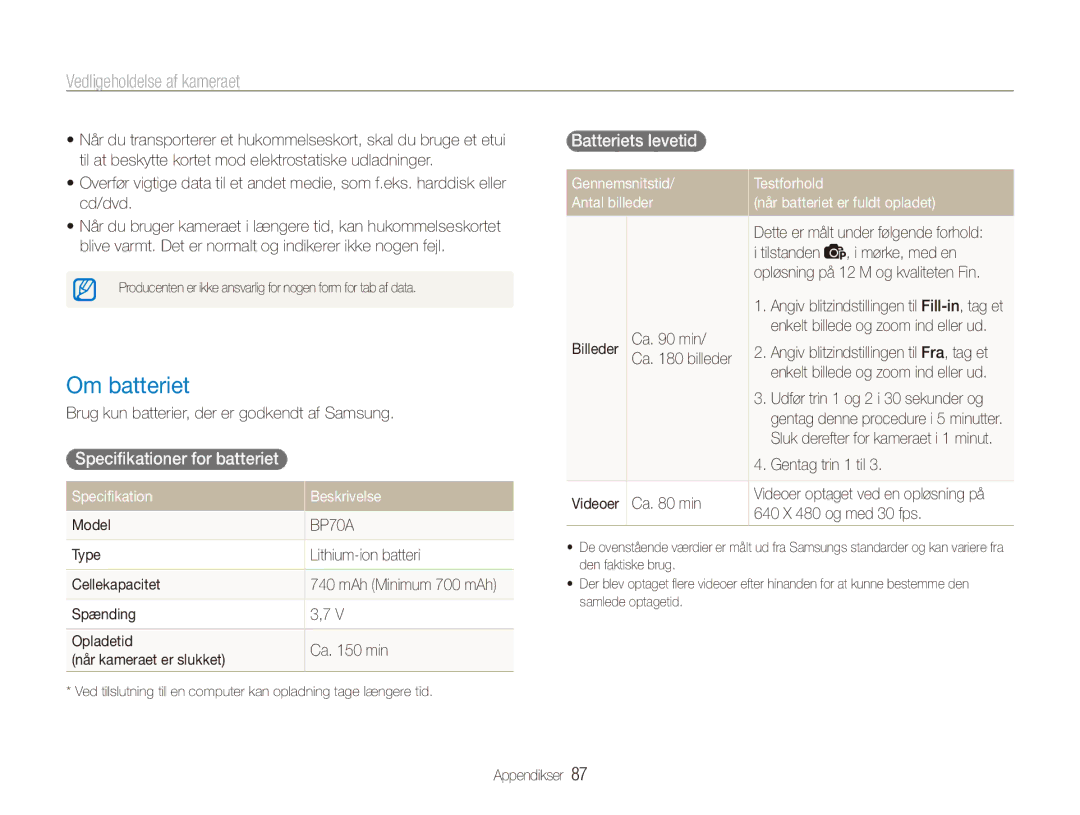 Samsung EC-ES80ZZBPSE2 manual Om batteriet, Specifikationer for batteriet, Batteriets levetid, Specifikation Beskrivelse 