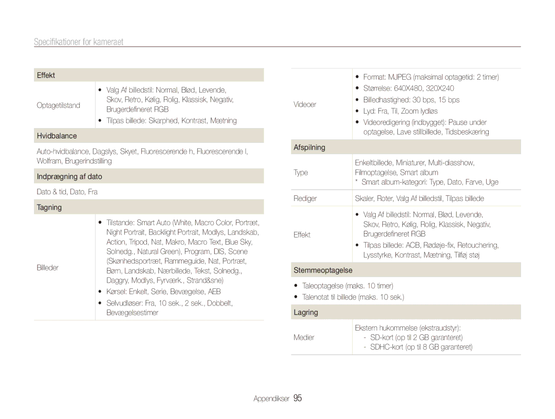 Samsung EC-ES80ZZBPPE2, EC-ES80ZZBPSE2, EC-ES80ZZBPBE2 manual Specifikationer for kameraet 