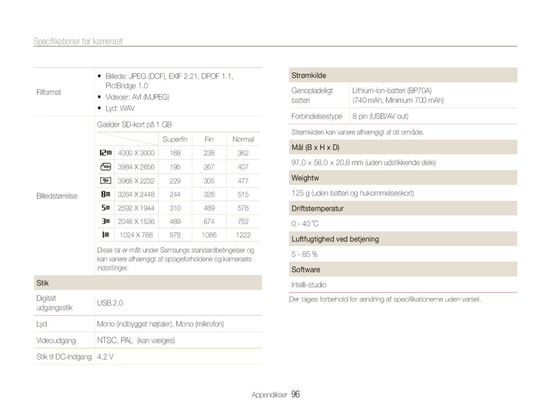 Samsung EC-ES80ZZBPSE2 manual Billedstørrelse, Stik Digitalt USB Udgangsstik Lyd, Videoudgang NTSC, PAL kan vælges 