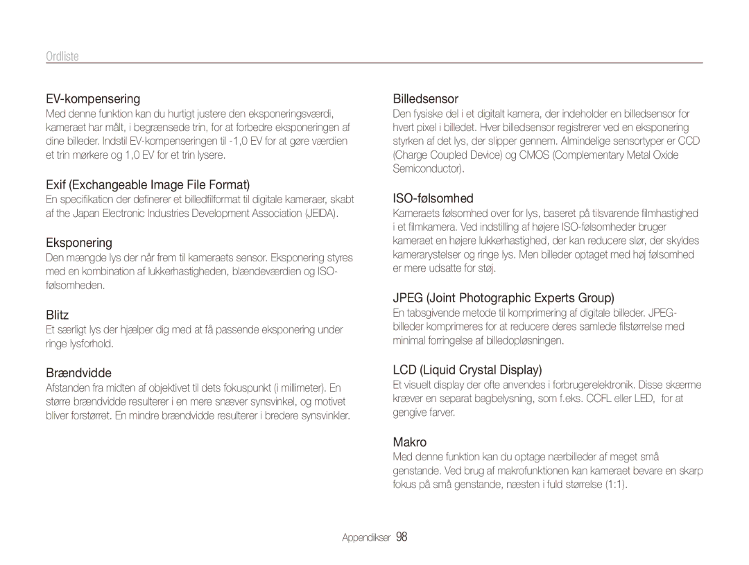 Samsung EC-ES80ZZBPPE2, EC-ES80ZZBPSE2, EC-ES80ZZBPBE2 manual Ordliste 