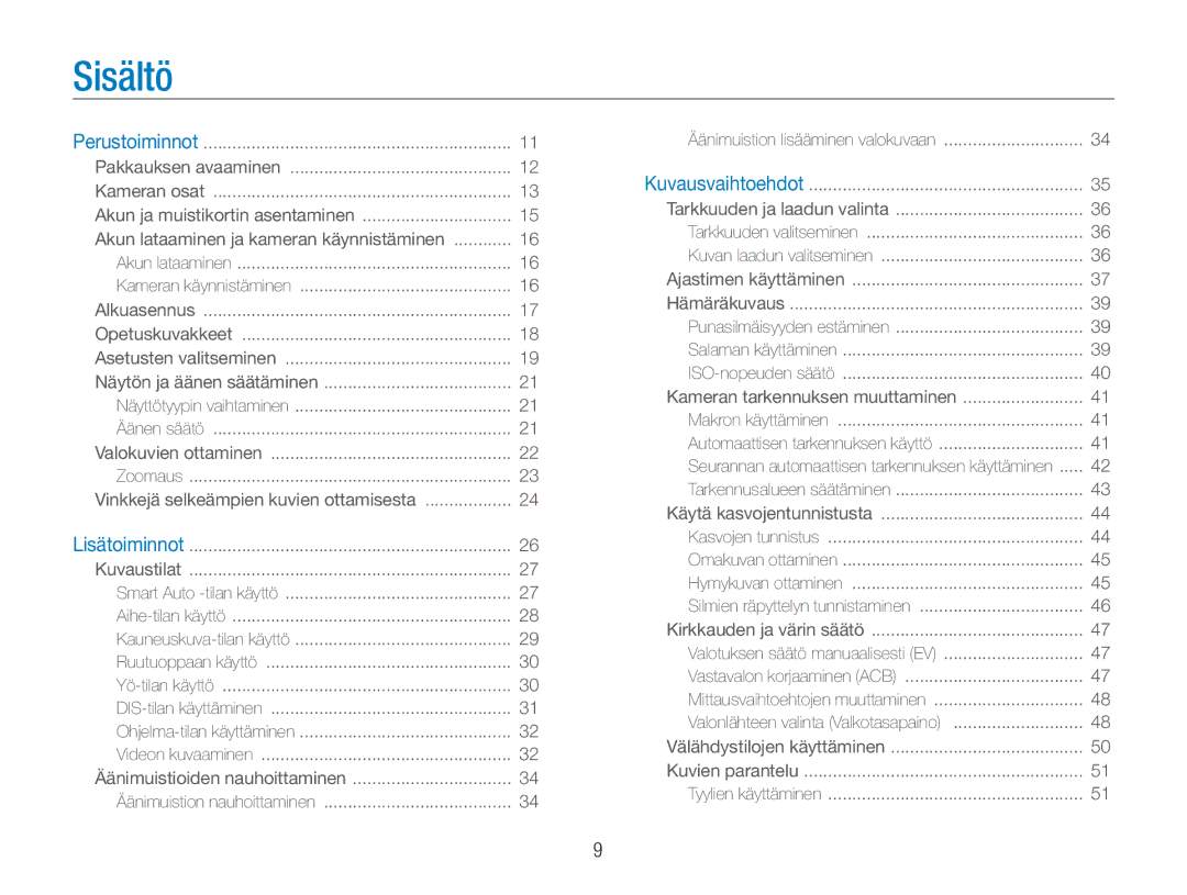 Samsung EC-ES80ZZBPSE2, EC-ES80ZZBPPE2, EC-ES80ZZBPBE2 manual Sisältö 