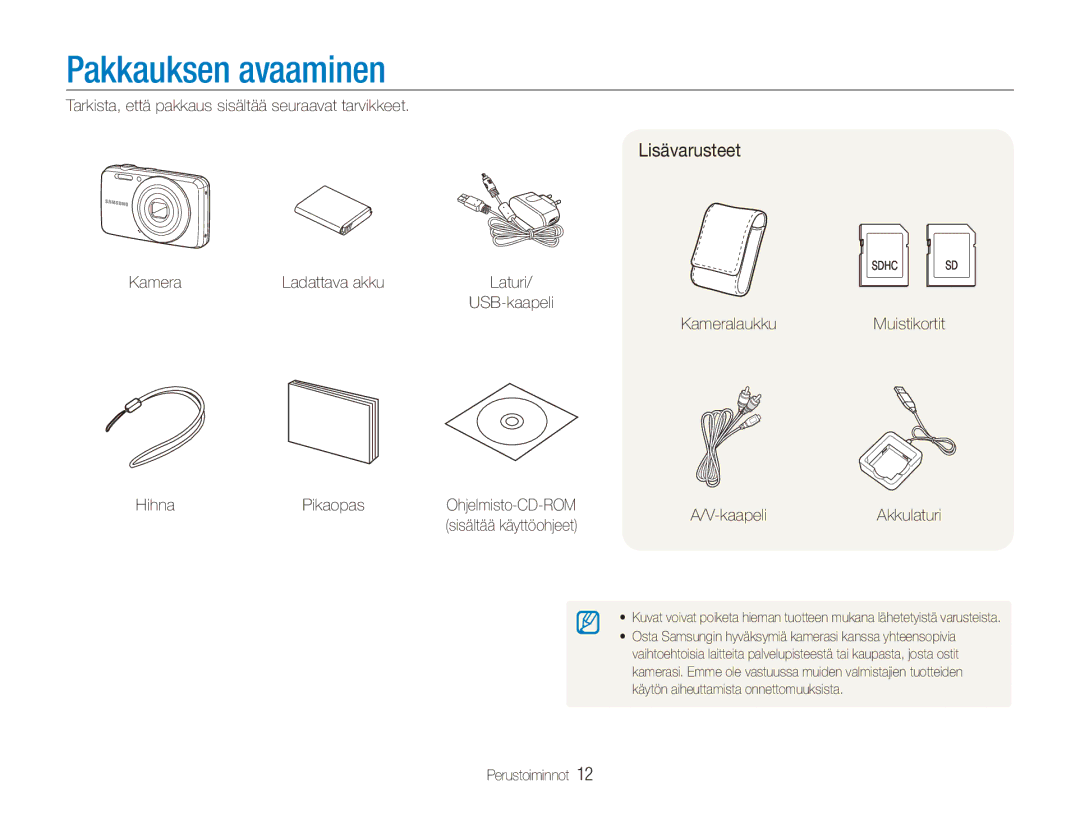 Samsung EC-ES80ZZBPSE2 Pakkauksen avaaminen, Lisävarusteet, Hihna Pikaopas, KameralaukkuMuistikortit KaapeliAkkulaturi 