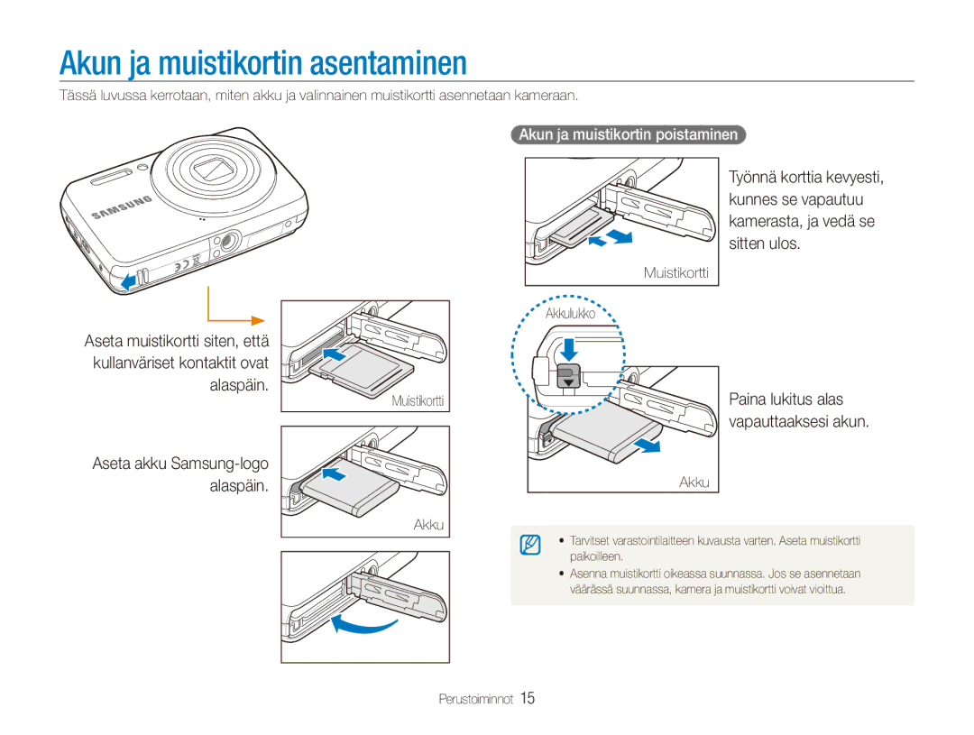 Samsung EC-ES80ZZBPSE2, EC-ES80ZZBPPE2 manual Akun ja muistikortin asentaminen, Akun ja muistikortin poistaminen, Akkulukko 