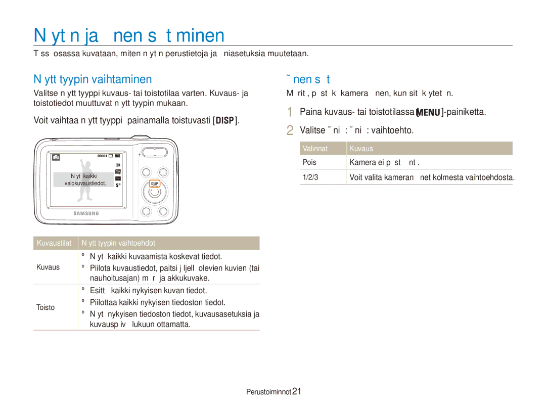 Samsung EC-ES80ZZBPSE2, EC-ES80ZZBPPE2, EC-ES80ZZBPBE2 Näytön ja äänen säätäminen, Näyttötyypin vaihtaminen, Äänen säätö 