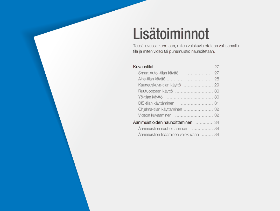 Samsung EC-ES80ZZBPPE2, EC-ES80ZZBPSE2, EC-ES80ZZBPBE2 manual Lisätoiminnot 