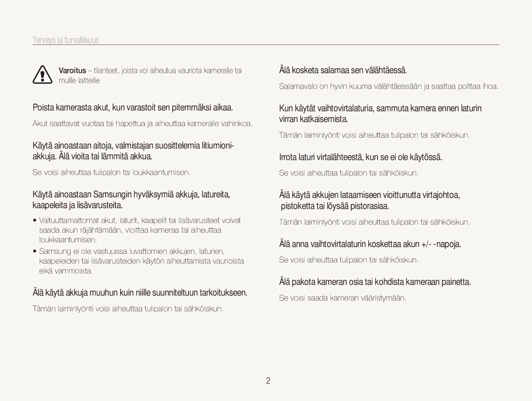 Samsung EC-ES80ZZBPPE2, EC-ES80ZZBPSE2, EC-ES80ZZBPBE2 manual Terveys ja turvallisuus 