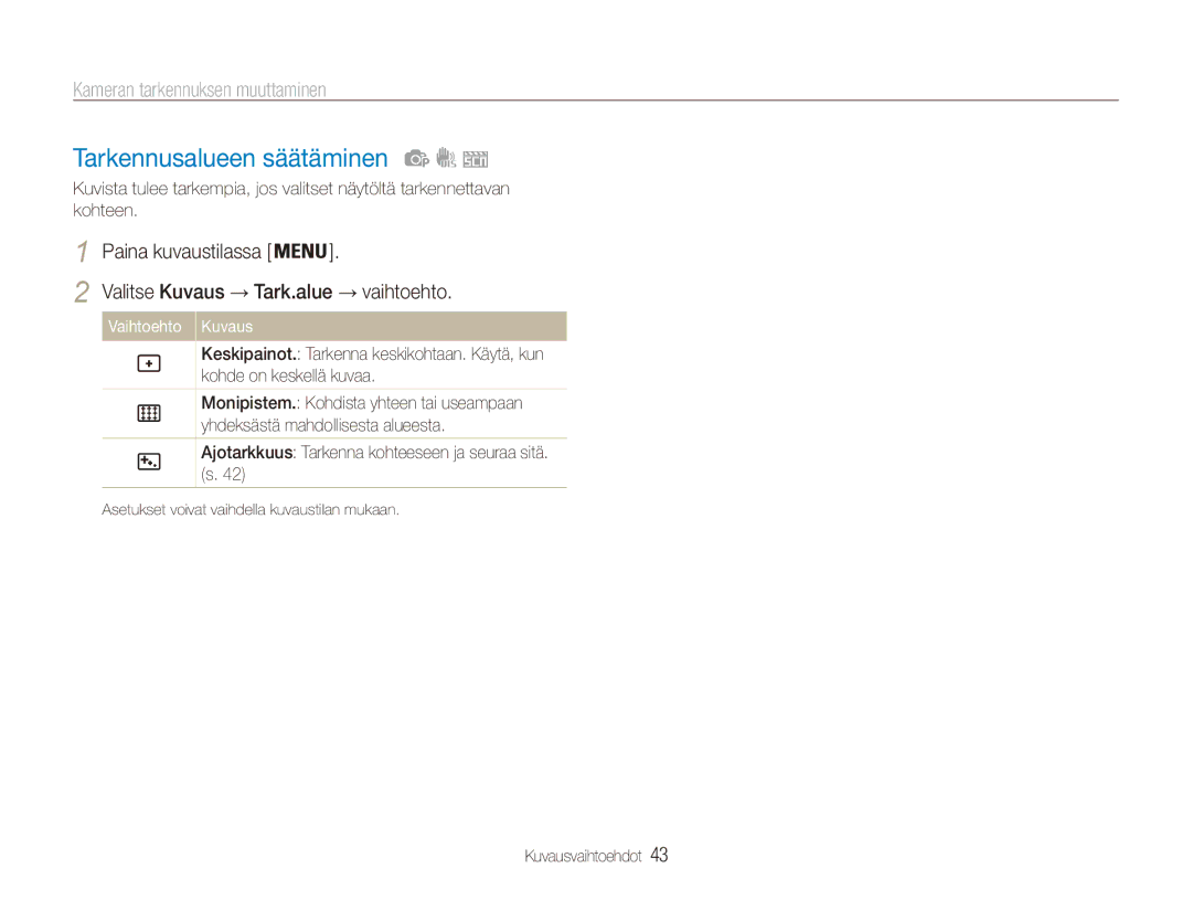 Samsung EC-ES80ZZBPBE2, EC-ES80ZZBPPE2, EC-ES80ZZBPSE2 Tarkennusalueen säätäminen, Valitse Kuvaus → Tark.alue → vaihtoehto 