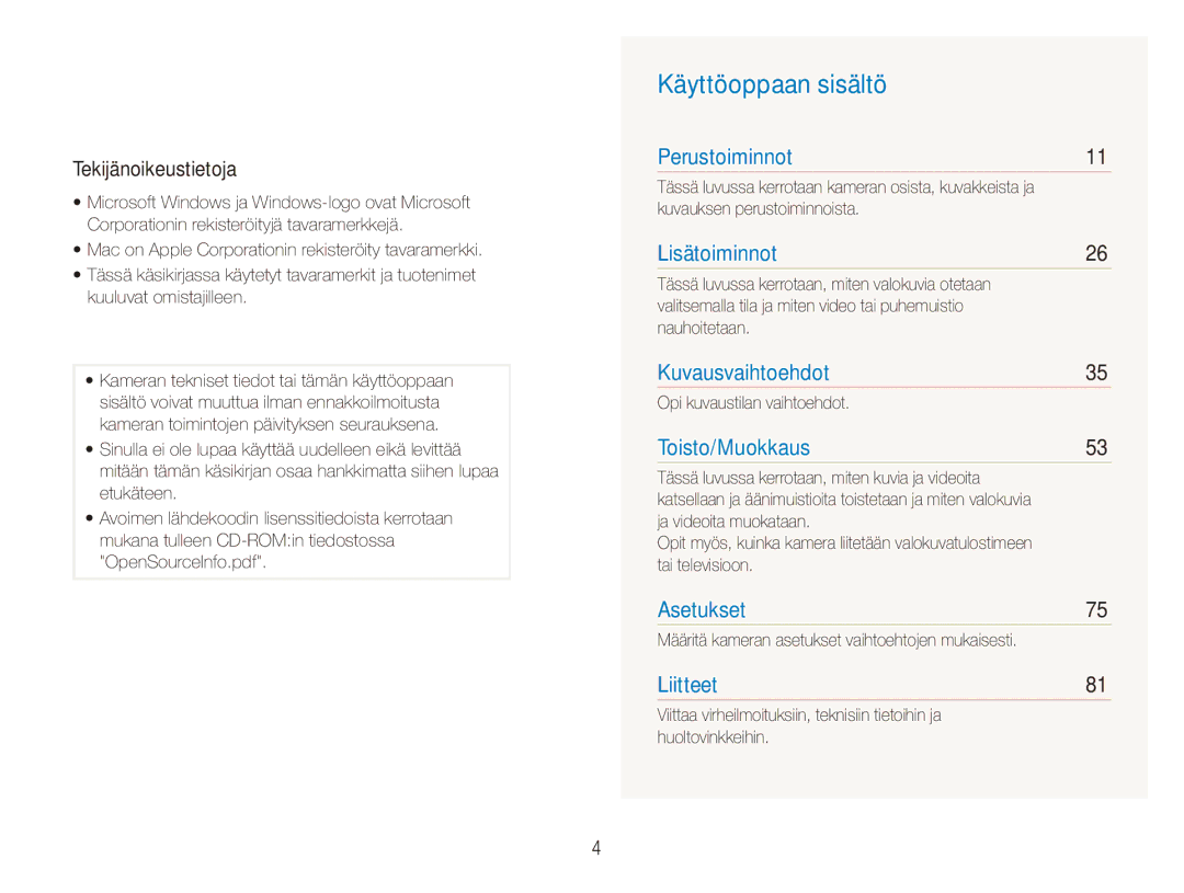 Samsung EC-ES80ZZBPBE2, EC-ES80ZZBPPE2, EC-ES80ZZBPSE2 manual Käyttöoppaan sisältö, Tekijänoikeustietoja 