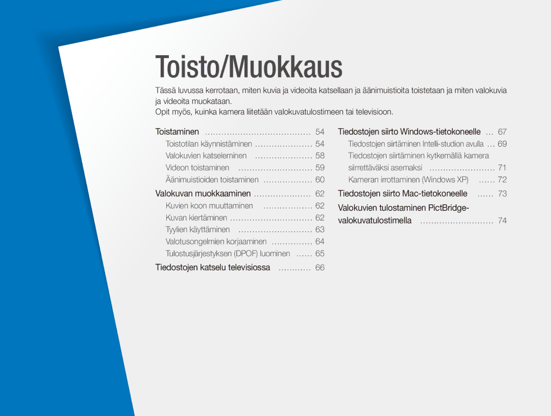 Samsung EC-ES80ZZBPPE2, EC-ES80ZZBPSE2, EC-ES80ZZBPBE2 manual Toisto/Muokkaus 