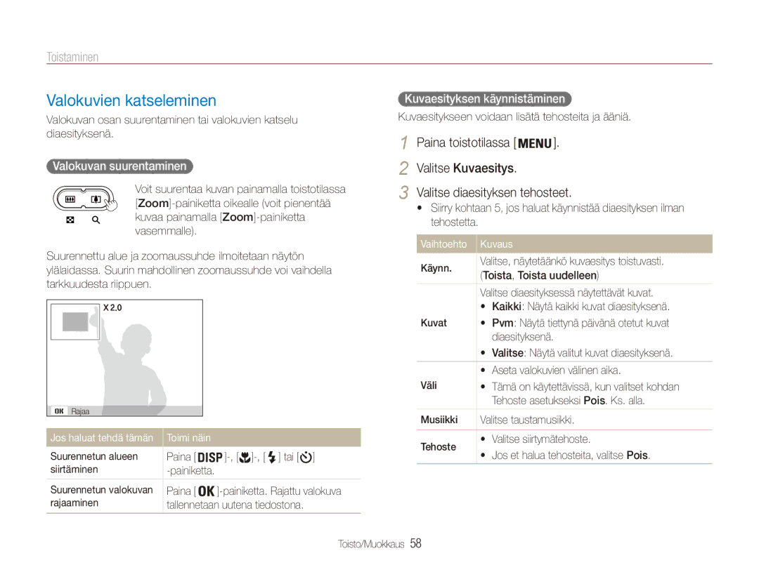 Samsung EC-ES80ZZBPBE2 manual Valokuvien katseleminen, Paina toistotilassa Valitse Kuvaesitys, Valokuvan suurentaminen 