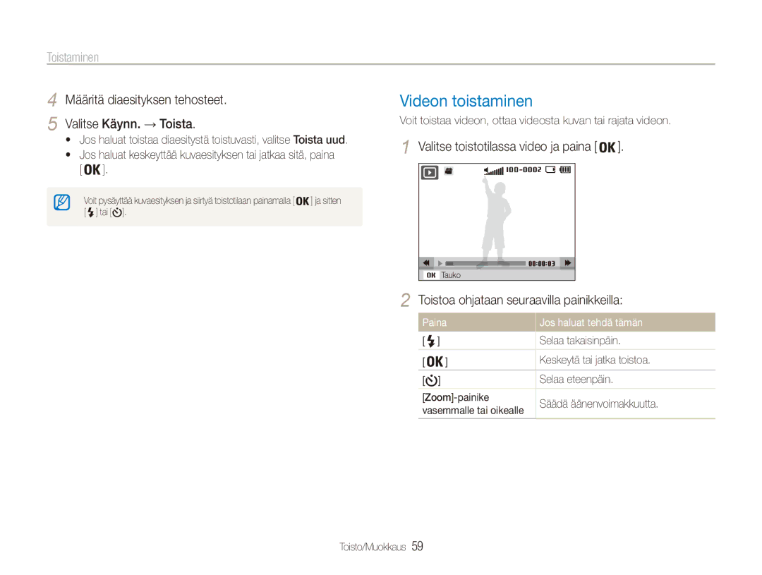 Samsung EC-ES80ZZBPPE2, EC-ES80ZZBPSE2 manual Videon toistaminen, Määritä diaesityksen tehosteet Valitse Käynn. → Toista 