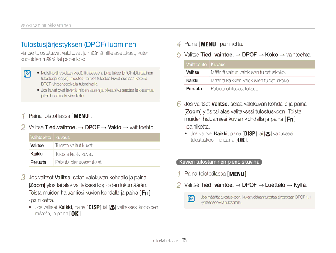 Samsung EC-ES80ZZBPPE2, EC-ES80ZZBPSE2 manual Tulostusjärjestyksen Dpof luominen, Kuvien tulostaminen pienoiskuvina 