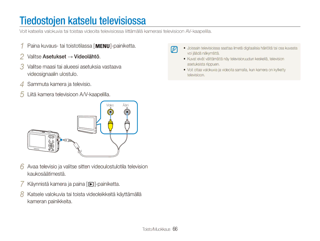 Samsung EC-ES80ZZBPSE2, EC-ES80ZZBPPE2, EC-ES80ZZBPBE2 manual Tiedostojen katselu televisiossa, Kameran painikkeita 