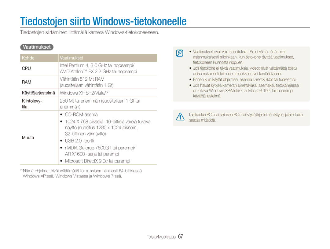 Samsung EC-ES80ZZBPBE2, EC-ES80ZZBPPE2, EC-ES80ZZBPSE2 manual Tiedostojen siirto Windows-tietokoneelle, Kohde Vaatimukset 