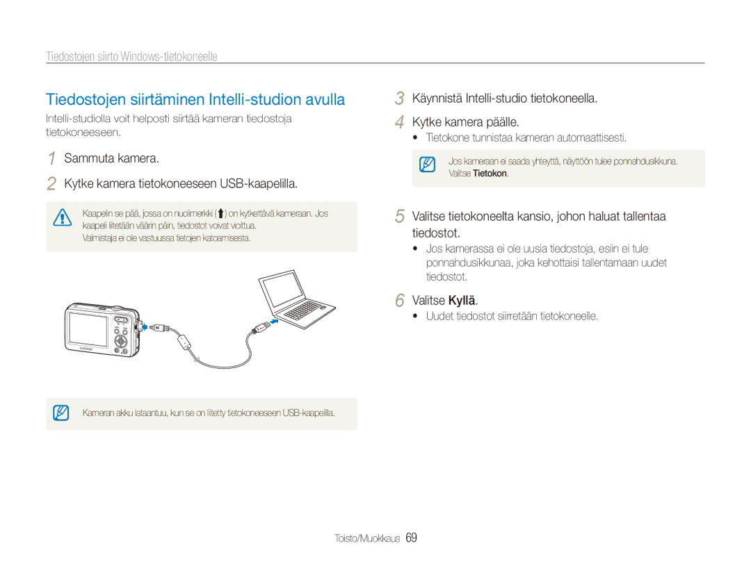 Samsung EC-ES80ZZBPSE2, EC-ES80ZZBPPE2, EC-ES80ZZBPBE2 manual Tiedostojen siirtäminen Intelli-studion avulla, Sammuta kamera 