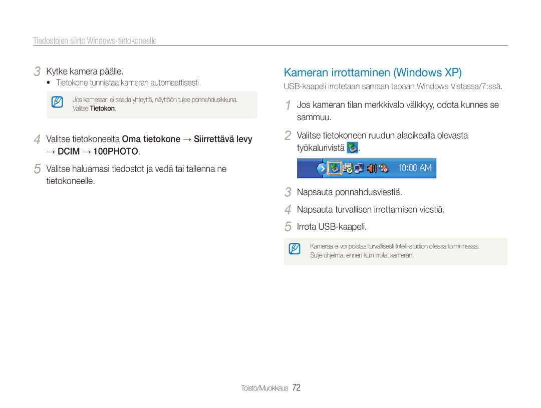 Samsung EC-ES80ZZBPSE2 manual Kameran irrottaminen Windows XP, USB-kaapeli irrotetaan samaan tapaan Windows Vistassa/7ssä 