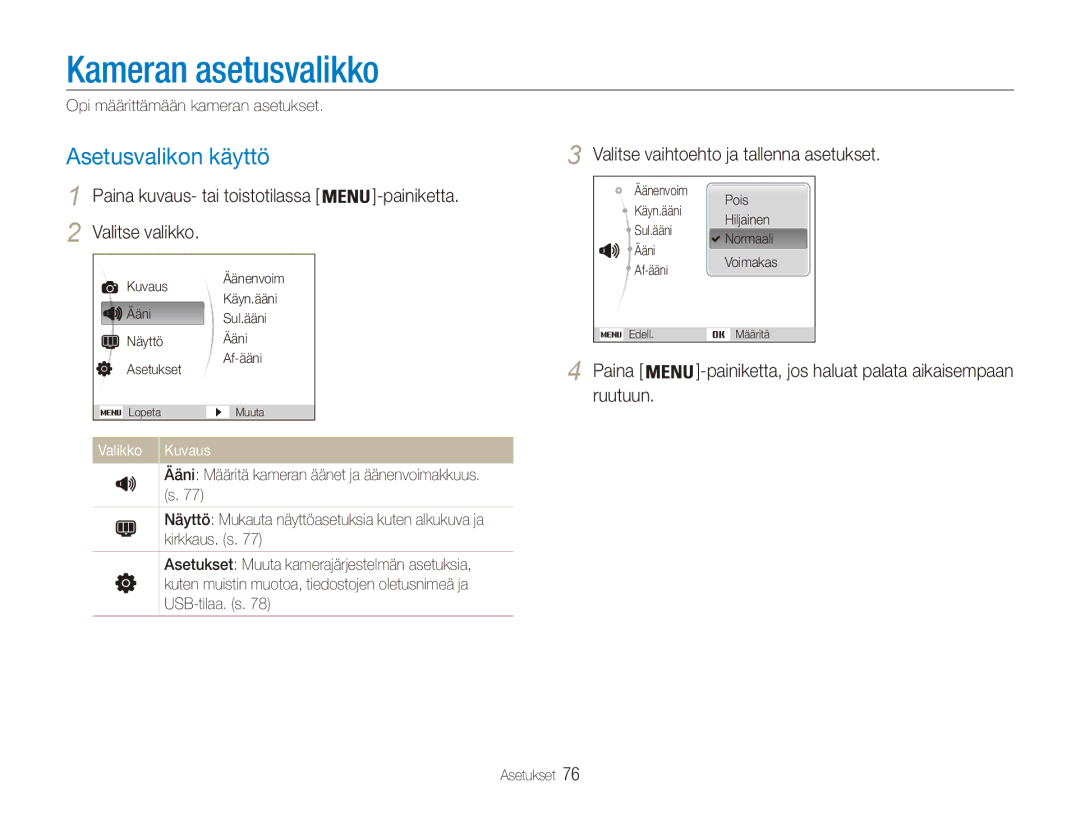 Samsung EC-ES80ZZBPBE2, EC-ES80ZZBPPE2, EC-ES80ZZBPSE2 manual Kameran asetusvalikko, Asetusvalikon käyttö 