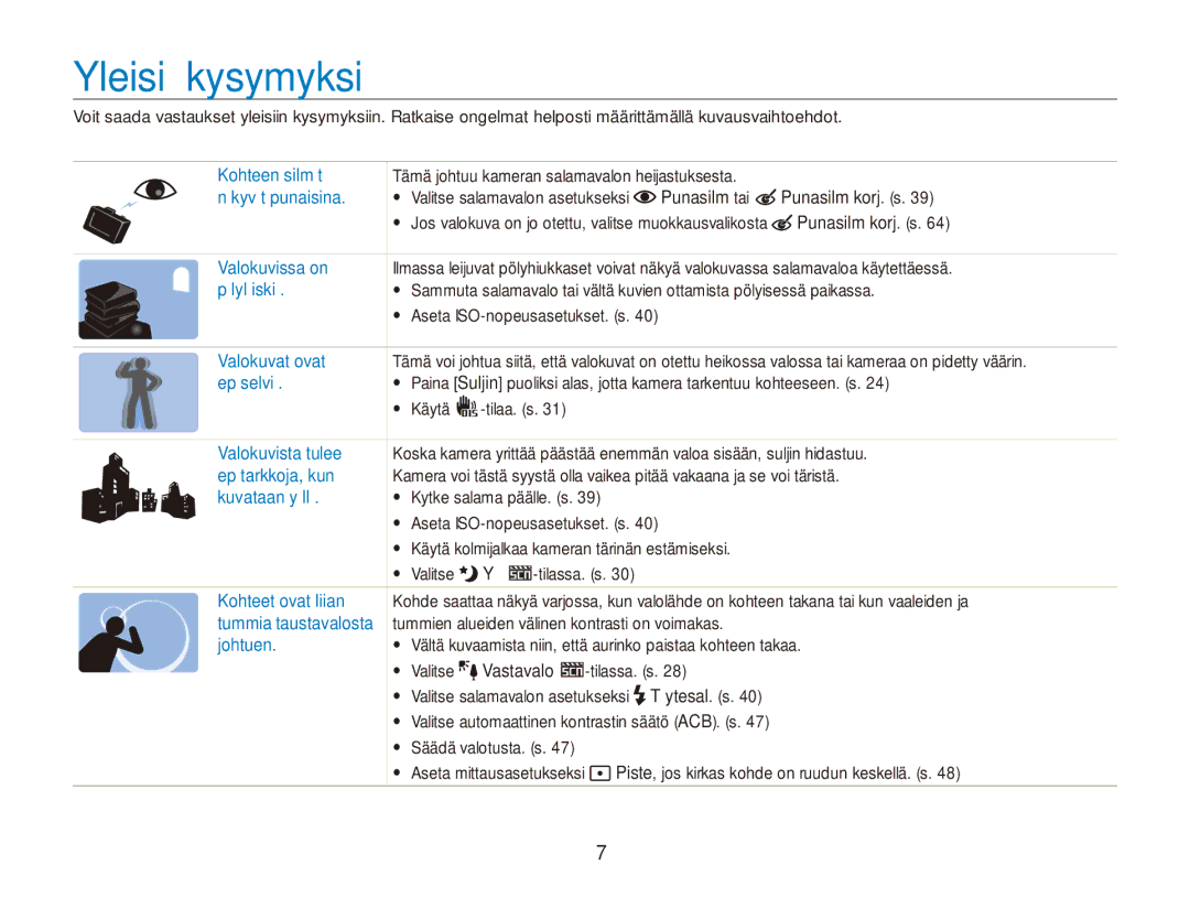 Samsung EC-ES80ZZBPBE2, EC-ES80ZZBPPE2, EC-ES80ZZBPSE2 manual Yleisiä kysymyksiä 