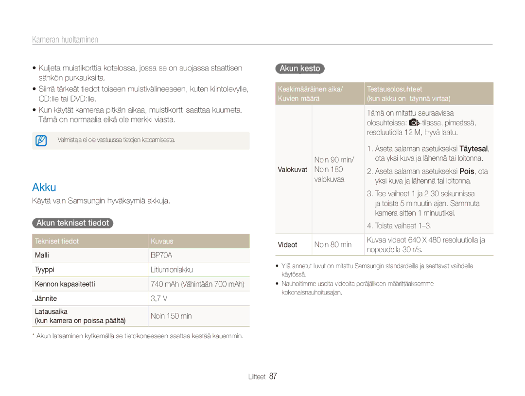 Samsung EC-ES80ZZBPSE2, EC-ES80ZZBPPE2, EC-ES80ZZBPBE2 manual Akku, Akun tekniset tiedot, Akun kesto 