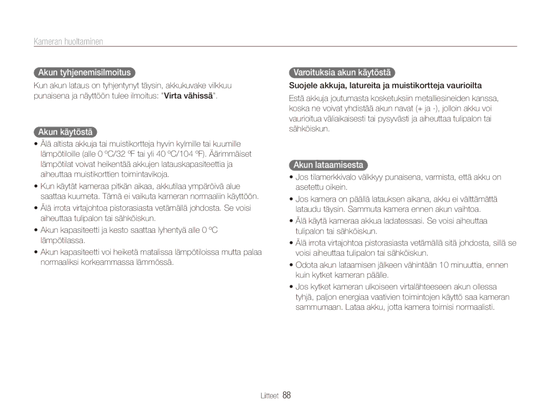 Samsung EC-ES80ZZBPBE2 manual Akun tyhjenemisilmoitus, Akun käytöstä, Varoituksia akun käytöstä, Akun lataamisesta 