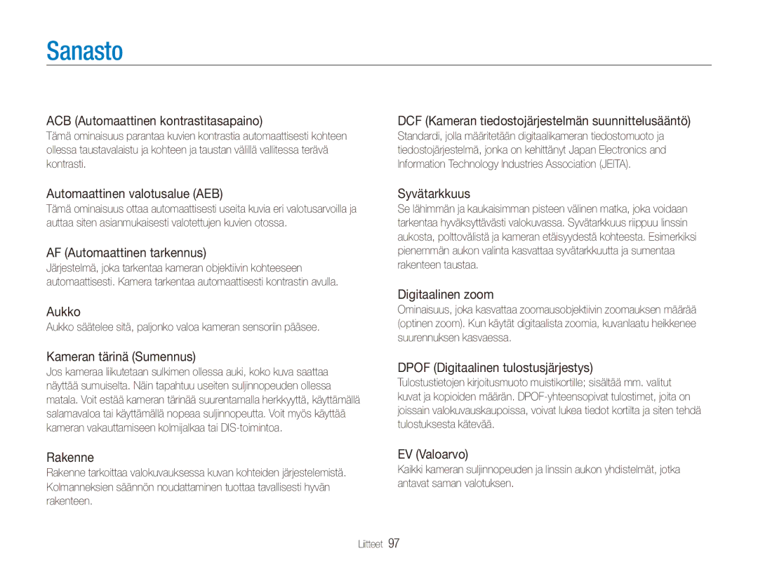 Samsung EC-ES80ZZBPBE2, EC-ES80ZZBPPE2, EC-ES80ZZBPSE2 manual Sanasto 