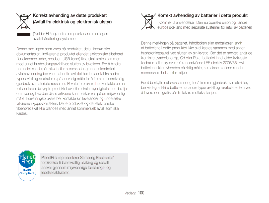 Samsung EC-ES80ZZBPBE2, EC-ES80ZZBPPE2, EC-ES80ZZBPSE2 manual Korrekt avhending av batterier i dette produkt 