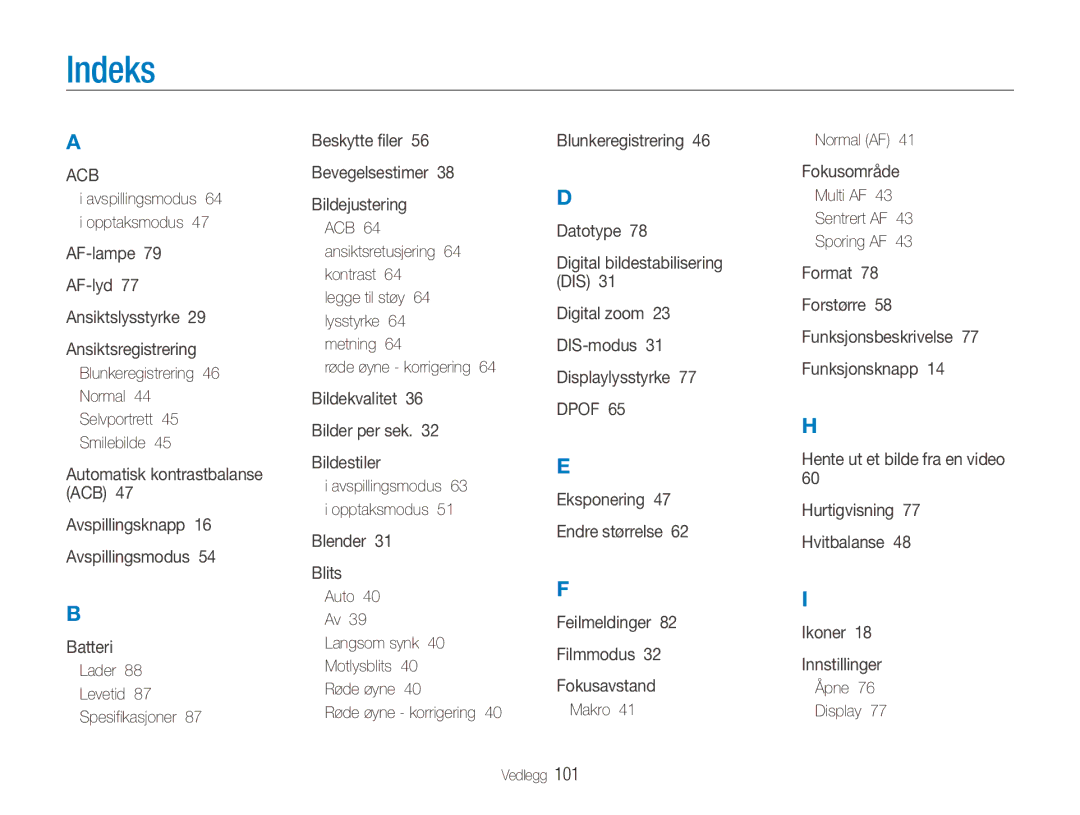 Samsung EC-ES80ZZBPPE2, EC-ES80ZZBPSE2, EC-ES80ZZBPBE2 manual Indeks 