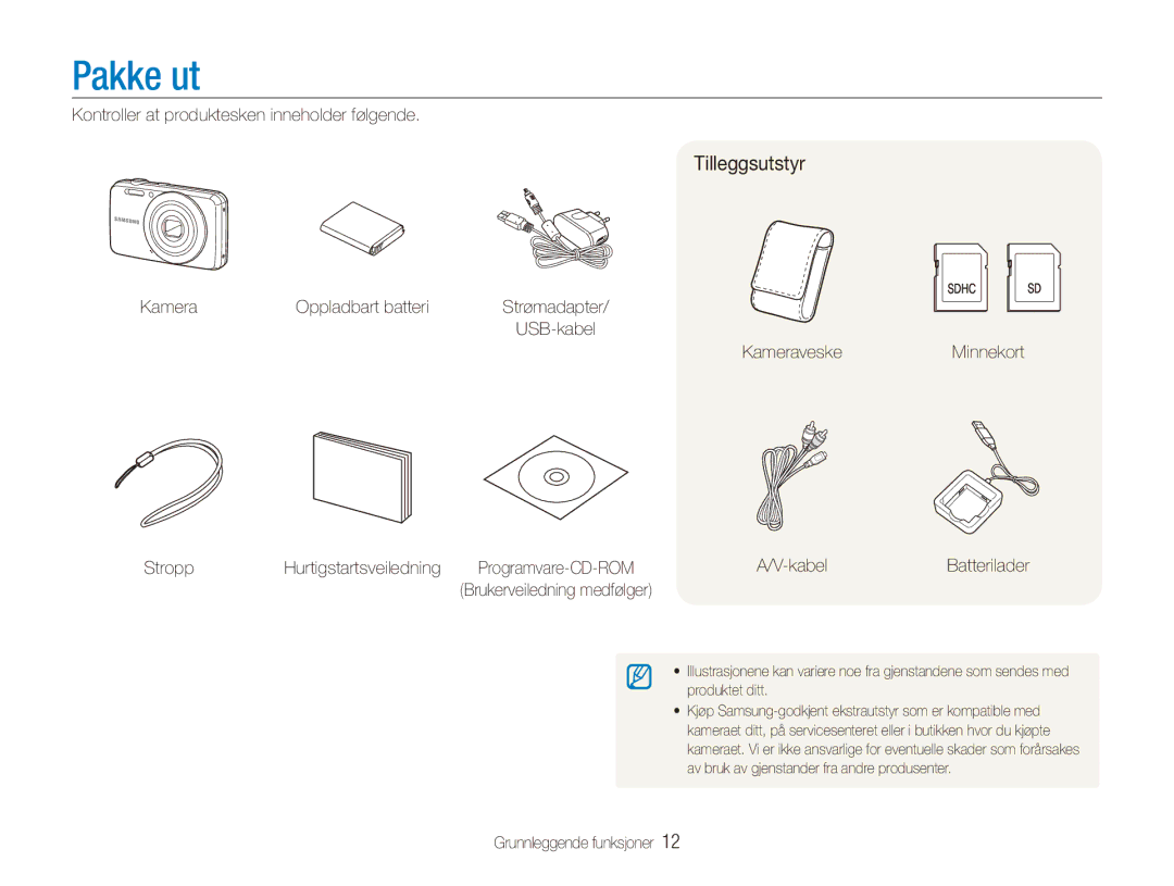 Samsung EC-ES80ZZBPSE2, EC-ES80ZZBPPE2, EC-ES80ZZBPBE2 manual Pakke ut, Tilleggsutstyr 