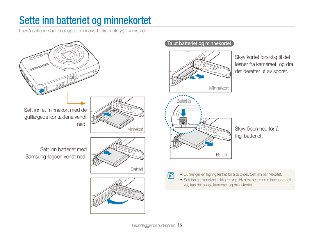 Samsung EC-ES80ZZBPSE2, EC-ES80ZZBPPE2 manual Sette inn batteriet og minnekortet, Skyv låsen ned for å frigi batteriet 