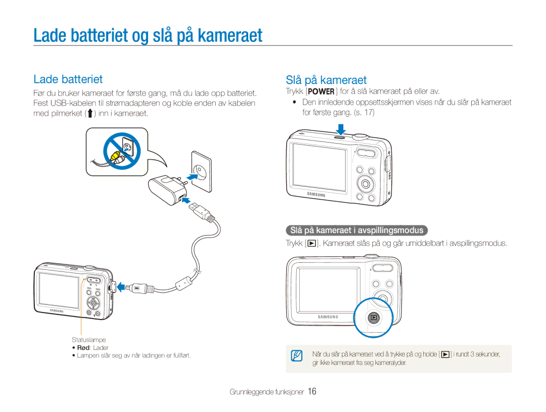 Samsung EC-ES80ZZBPBE2, EC-ES80ZZBPPE2 manual Lade batteriet og slå på kameraet, Slå på kameraet i avspillingsmodus 