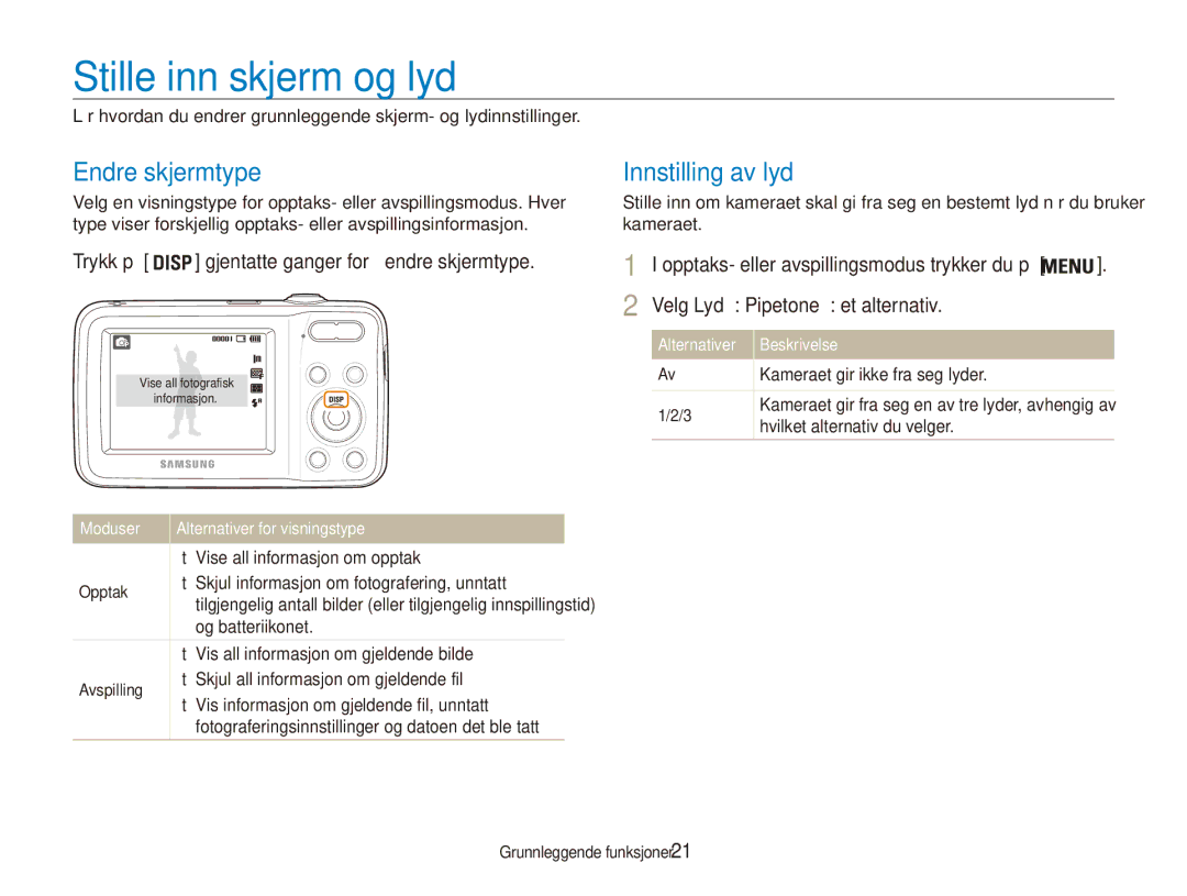 Samsung EC-ES80ZZBPSE2, EC-ES80ZZBPPE2, EC-ES80ZZBPBE2 manual Stille inn skjerm og lyd, Endre skjermtype, Innstilling av lyd 