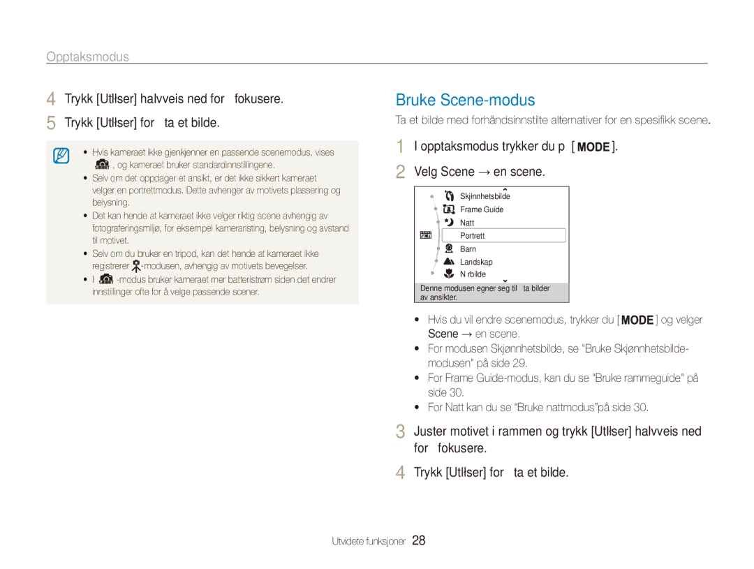 Samsung EC-ES80ZZBPBE2, EC-ES80ZZBPPE2, EC-ES80ZZBPSE2 manual Bruke Scene-modus, Opptaksmodus, Velg Scene → en scene 