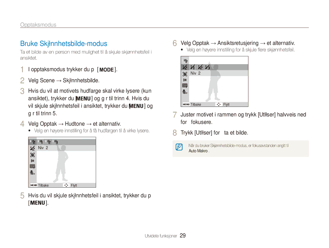 Samsung EC-ES80ZZBPPE2 manual Bruke Skjønnhetsbilde-modus, Opptaksmodus trykker du på Velg Scene → Skjønnhetsbilde 