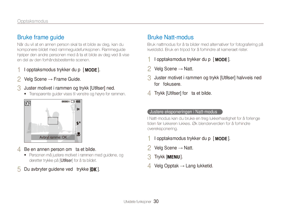 Samsung EC-ES80ZZBPSE2, EC-ES80ZZBPPE2, EC-ES80ZZBPBE2 manual Bruke frame guide, Bruke Natt-modus 