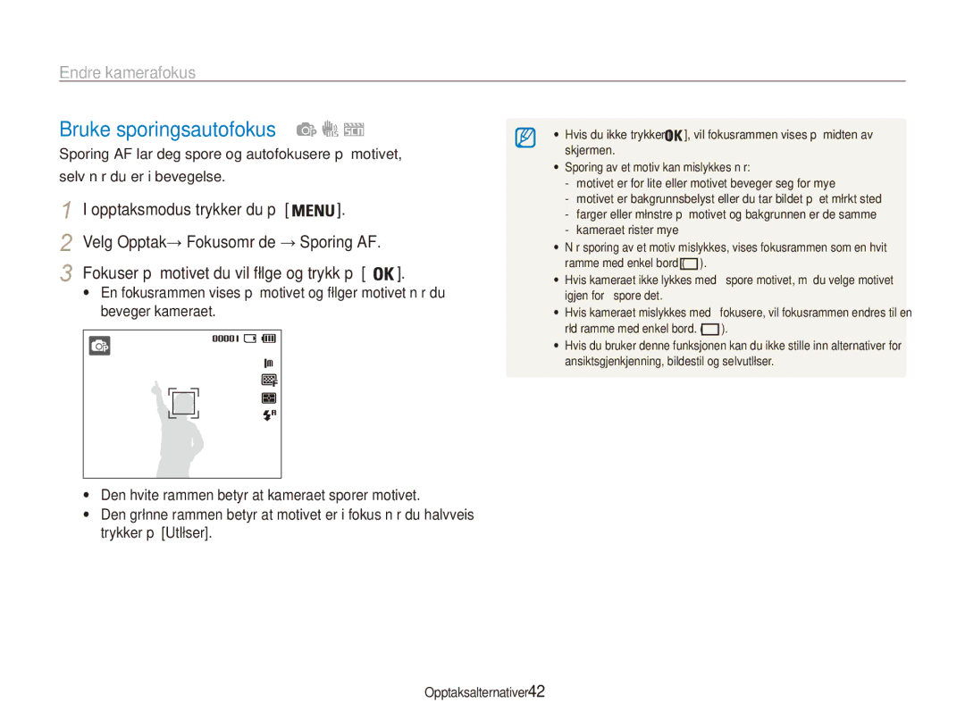 Samsung EC-ES80ZZBPSE2, EC-ES80ZZBPPE2, EC-ES80ZZBPBE2 manual Bruke sporingsautofokus, Endre kamerafokus 