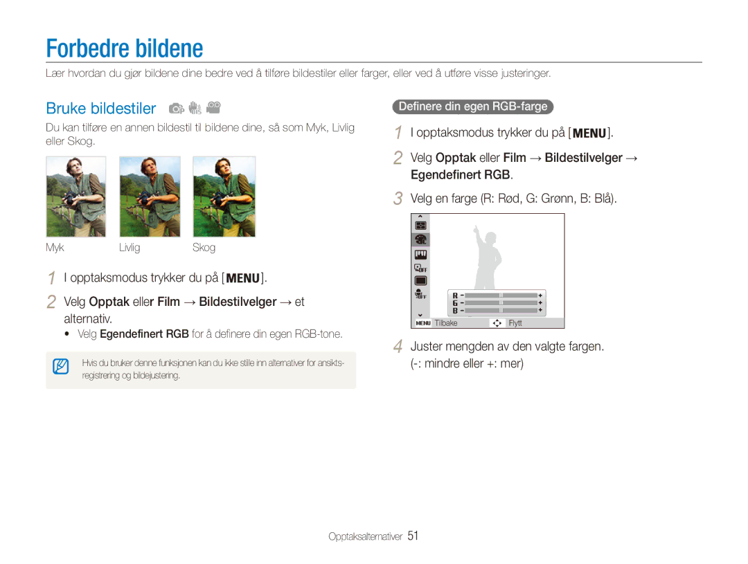 Samsung EC-ES80ZZBPSE2, EC-ES80ZZBPPE2, EC-ES80ZZBPBE2 manual Forbedre bildene, Bruke bildestiler, Alternativ 