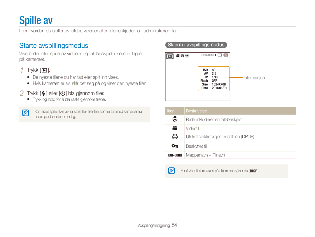 Samsung EC-ES80ZZBPSE2 manual Spille av, Starte avspillingsmodus, Trykk eller bla gjennom filer, Skjerm i avspillingsmodus 