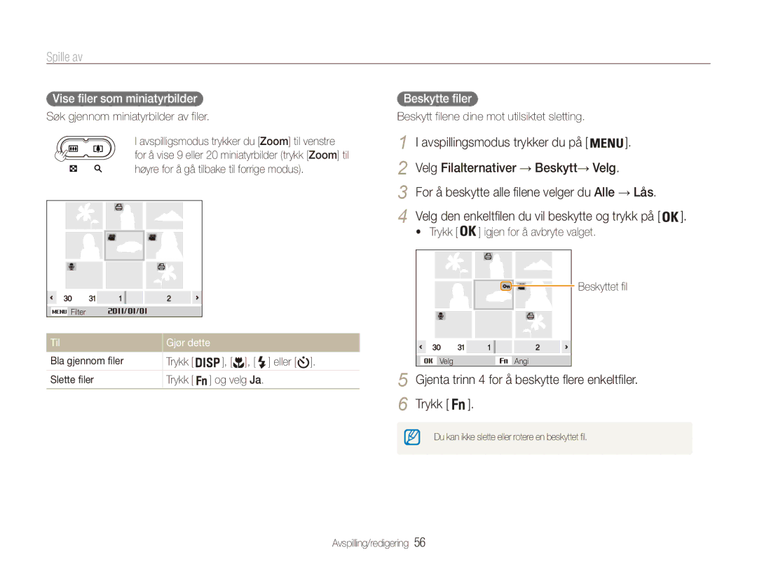 Samsung EC-ES80ZZBPPE2 manual Avspillingsmodus trykker du på, Gjenta trinn 4 for å beskytte flere enkeltfiler Trykk 